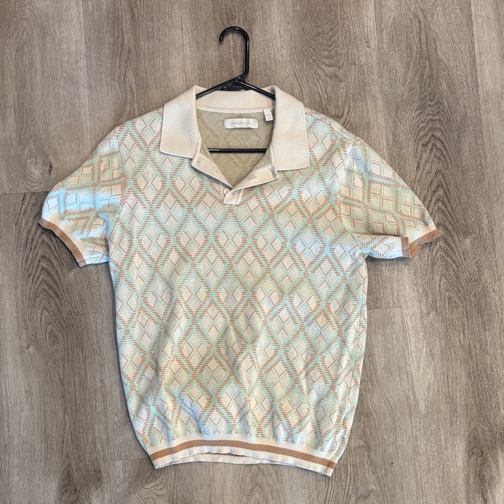 Urban Outfitters Cream and Tan Geometric Polo